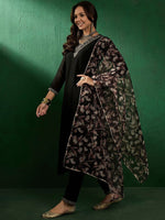 Thumbnail for Sangria Ethnic Motifs Yoke Design Sequinned V-Neck Straight Kurta With Trouser & Dupatta