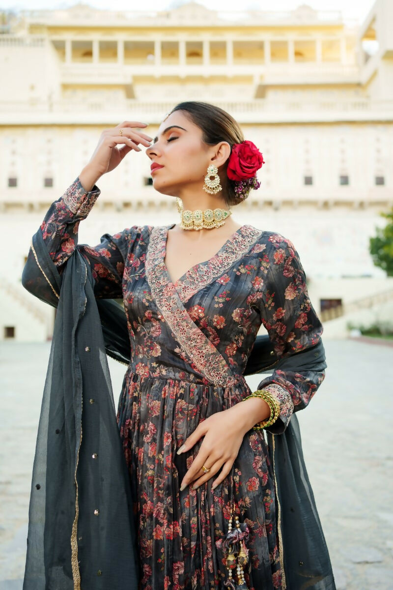 Vaasva Black Chinon Floral Embroidered Angrakha, Pant & Dupatta set - Distacart