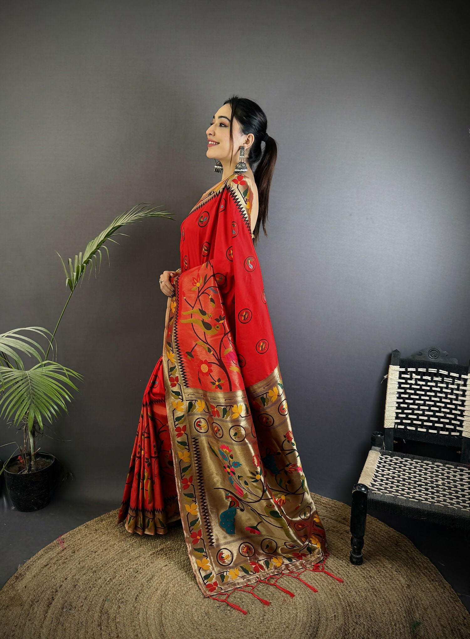 Joban Fashion Red Paithani Soft Silk Meenakari Saree