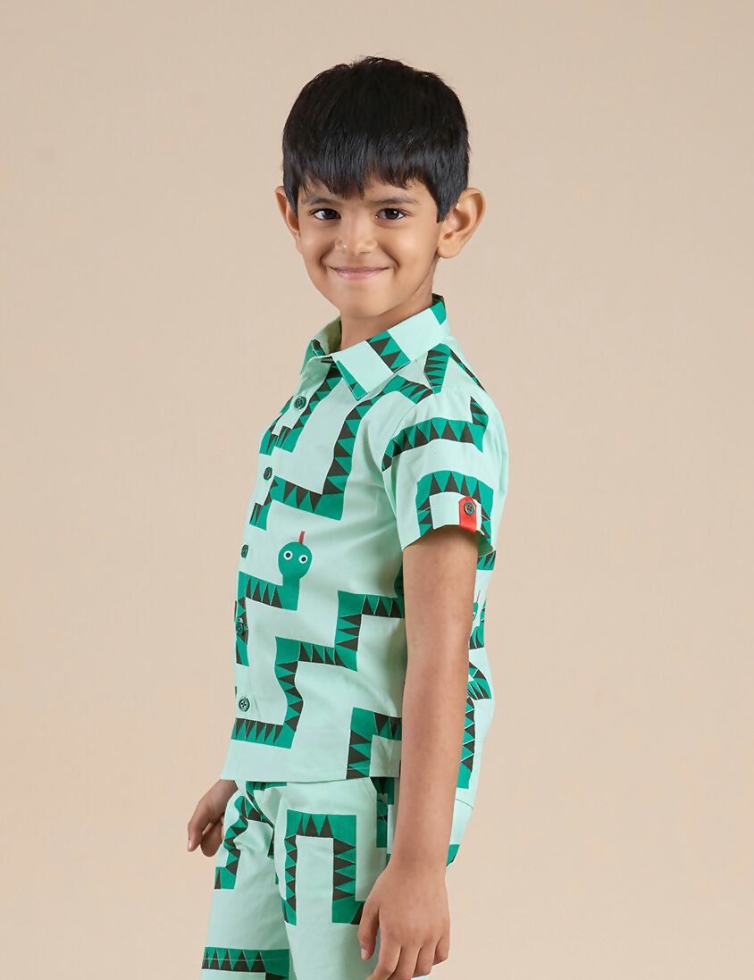 Snakes and Ladders Boys Green Table Print Shirt from Siblings Collection - Distacart