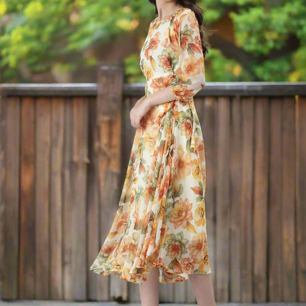 Souchii Cream Floral Chiffon Dress