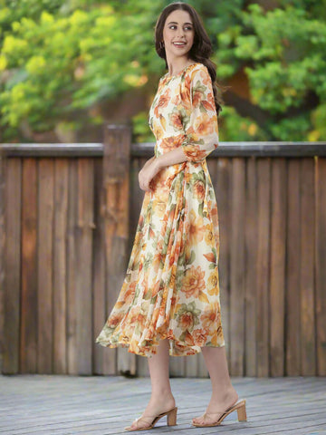 Souchii Cream Floral Chiffon Dress - Dista