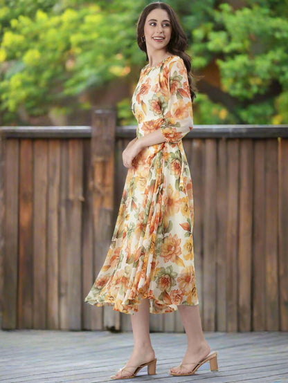 Souchii Cream Floral Chiffon Dress - Dista