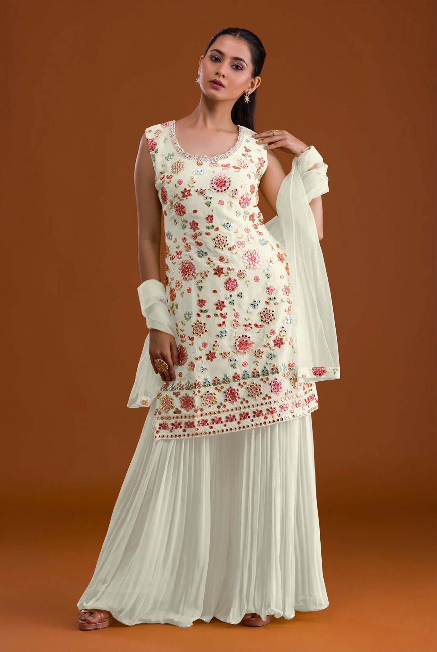 Anaita White Georgette Suit with Embroidered Multi Work