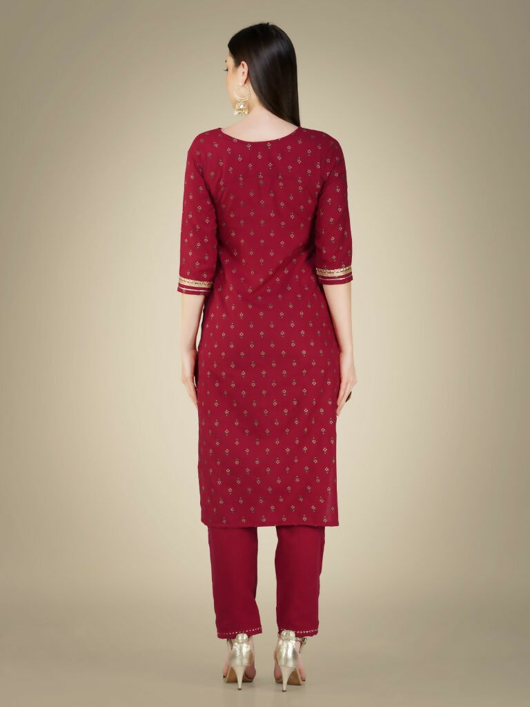 Jyoti Fashion Women's Maroon Cotton Magic Slub Embroidery & Sequence work Kurta with Trouser & Dupatta - Distacart