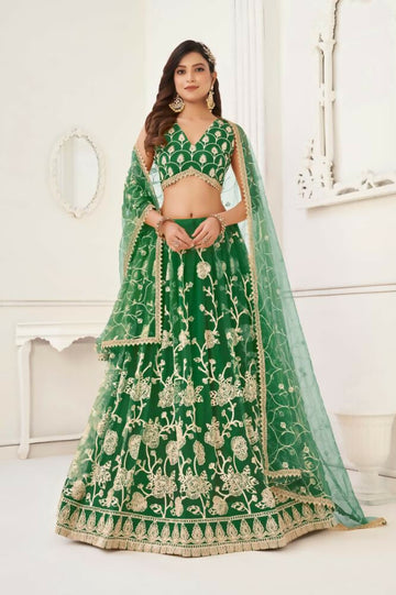 Aastha Fashion Parrot Green Butterfly Net White Cotton Thread Work And Sequence Work Embroidery Wedding Wear Lehenga Choli - Distacart