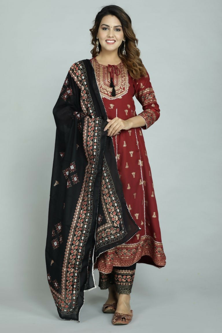Alvano Women's Stylish Anarkali Kurti with Pant and Dupatta for Women and Girls (Maroon) - Distacart