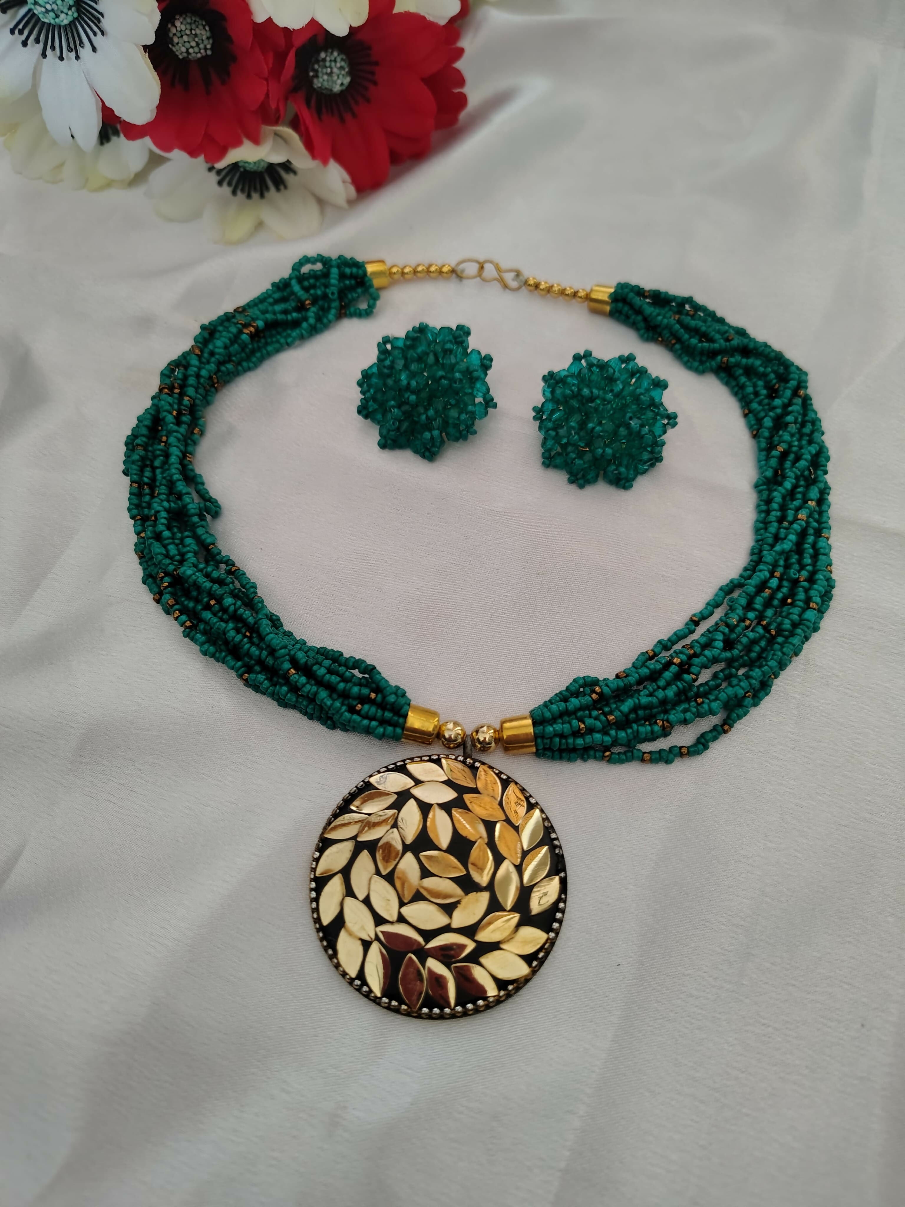 Inhanns All-Day Statement Beaded Necklace Set - Sea Green - Distacart