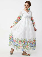 Thumbnail for Cheera Women Stylish Hand Chikenkari And Digital Printe Cotton Organza Flared Anarkali Kurta - White - Distacart