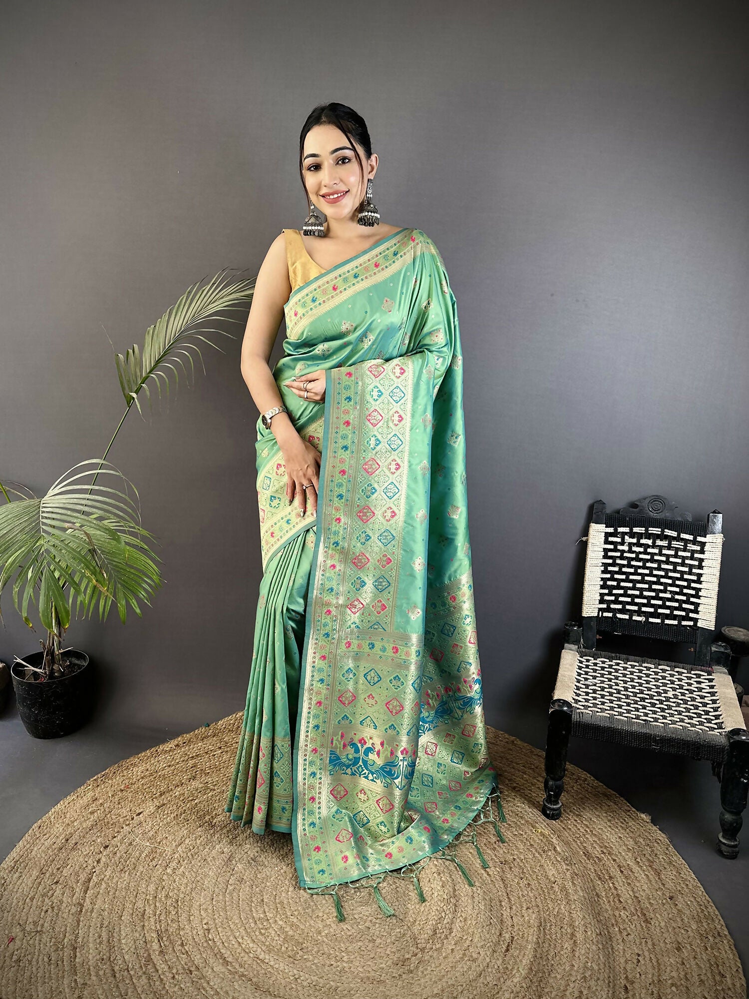 Joban Fashion Sea Green Geometric Pattern Soft Silk Patola Saree