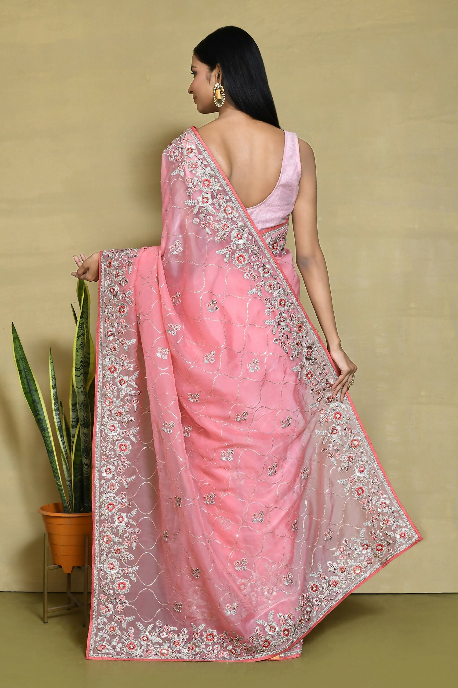 Pink Organza Satin Silk Sequence Embroidered with Stone work Saree - Nimaya Benzy - Distacart