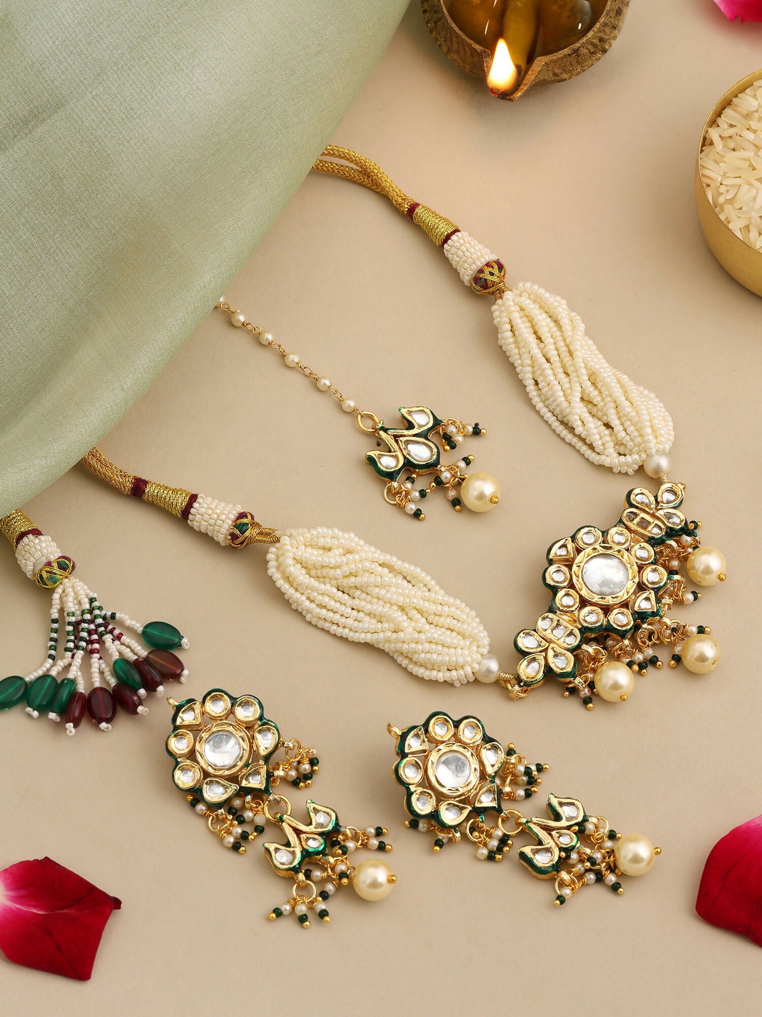 Ruby Raang Floral Kundan Studded Jewellery Set - Distacart