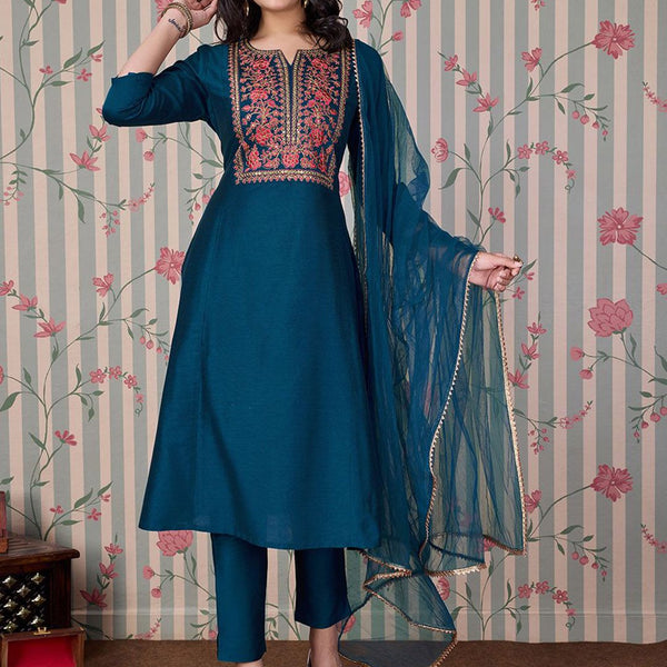 Ode by House of Pataudi Blue Ethnic Motifs Embroidered Zari Kurta With Trousers & Dupatta - Distacart