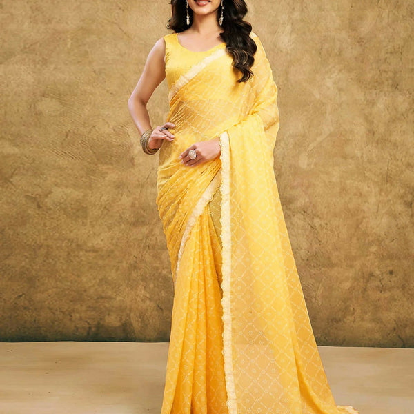 Joban Fashion Chiffon Light Yellow & White Printed Saree - Distacart