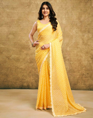 Joban Fashion Chiffon Light Yellow & White Printed Saree