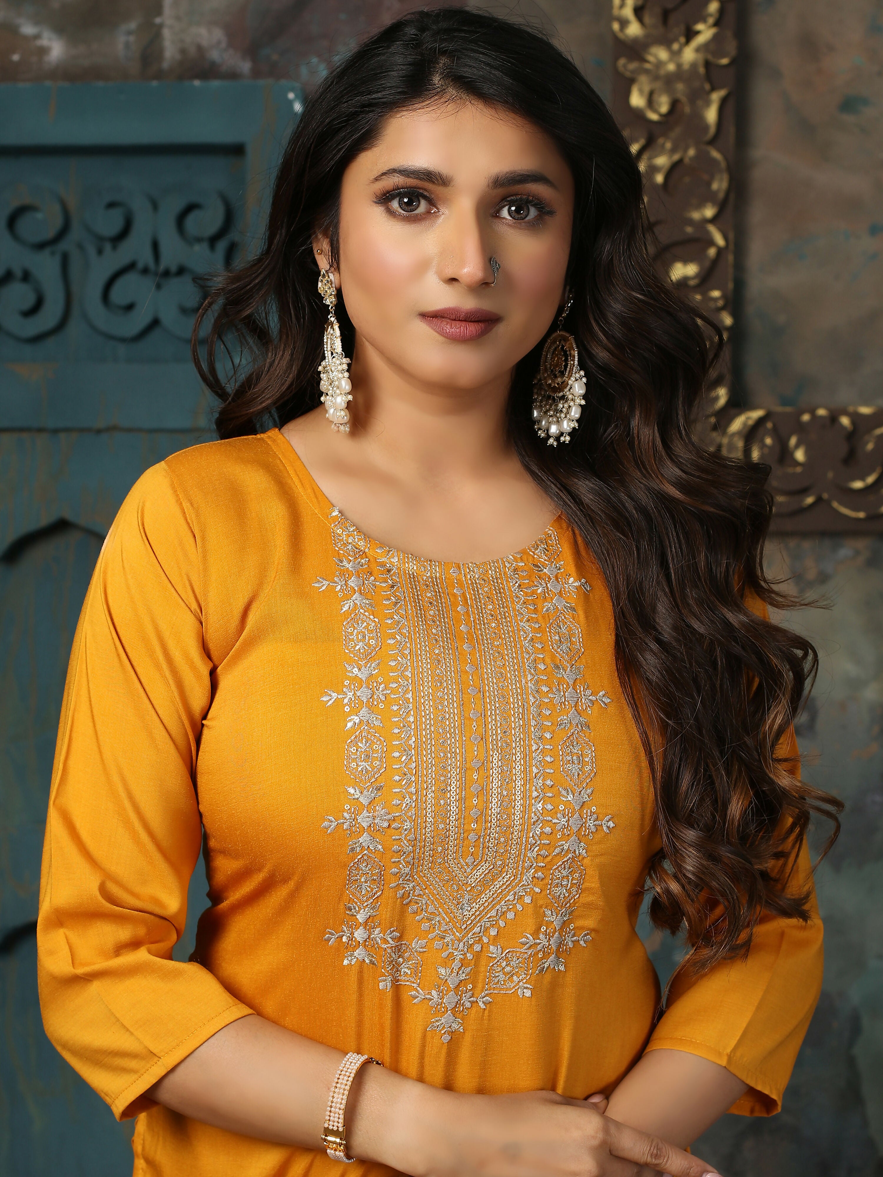 Vamika Chinon Embroidery Mustard Party Wear/Casual Wear/Office Wear Kurta Set/Suit - Distacart