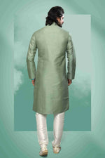 Thumbnail for Raivat Ethnic Art Silk Mirror Embroidery Work Kurta Pajama In Light Green Colour - Dista