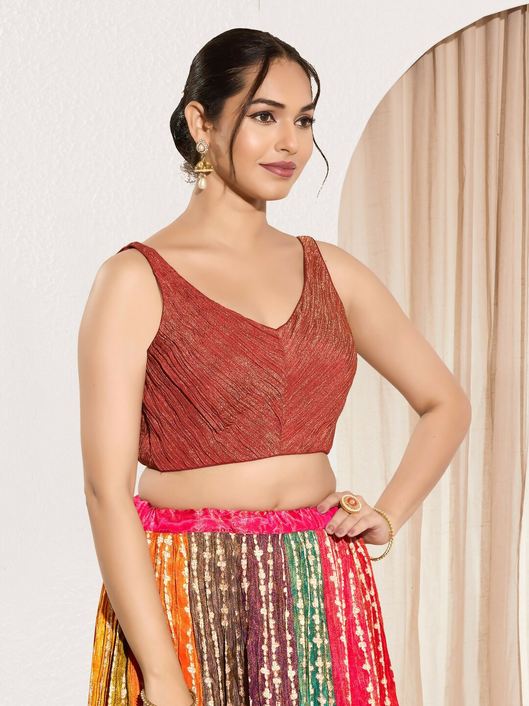 Joban Fashion Rust Tissue Padded Blouse With Sweetheart Neck Sleeveless