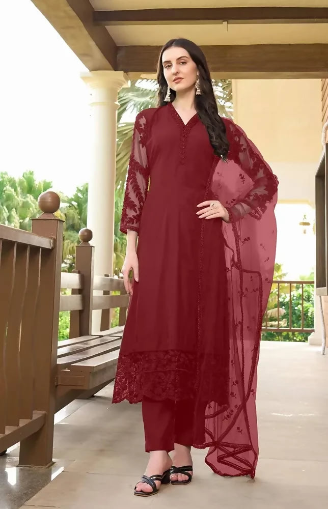 Nikhaar Maroon Embroidered Art Silk Straight Cut Readymade Pakistani Suit