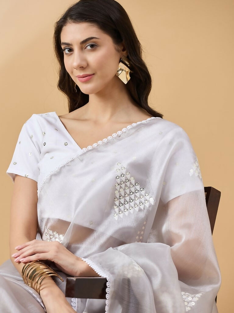 Grey Tissue Slub Embroidered Saree with Unstitched Blouse - Vairagi - Distacart