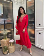 Thumbnail for The52 Red Beautiful Embroidered Rayon Fabric Straight Kurta Pant with Dupatta Set - Distacart