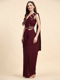 Thumbnail for Maroon Polyester Solid Ready to Wear Saree with stitched Blouse - Nita - Distacart