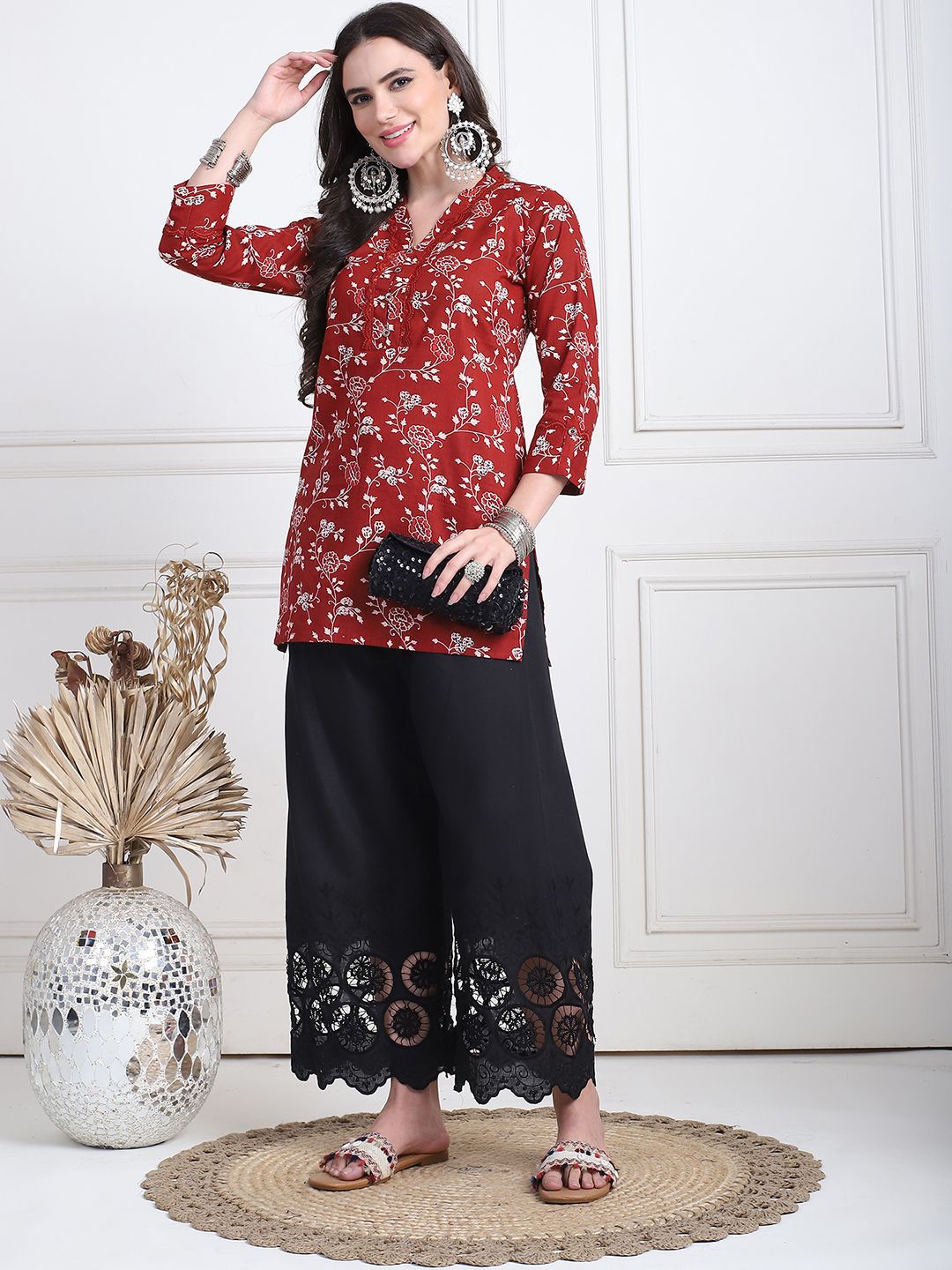 TAG 7 Women Floral Hem Design Flared Ethnic Palazzos - Distacart