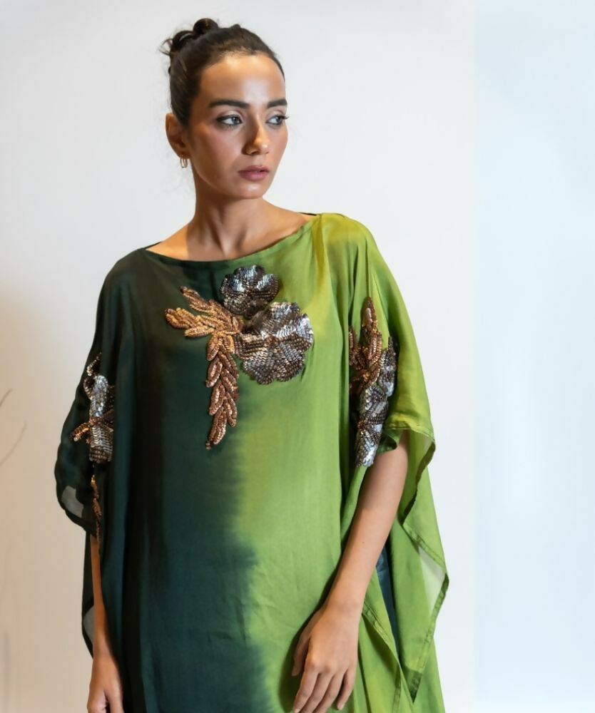 Timaraa Forest Green Ombre Embellished Georgette Kaftan Dress - Dista
