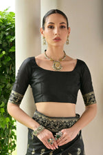 Thumbnail for Vishnu Weaves Women's Black Handloom Raw Silk Thread Weaving Saree with Blouse