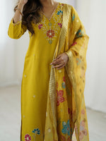 Thumbnail for The52 Yellow Women's Gorgeous Embroidered work Viscose Gadhwal Fabric Straight Kurta, Pant and Dupatta Set - Distacart