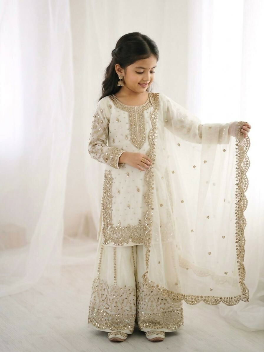 Teeya Creation Girls Heavy Embroidery Ethnic Kurta And Palazzo Set With Net Dupatta - Dista