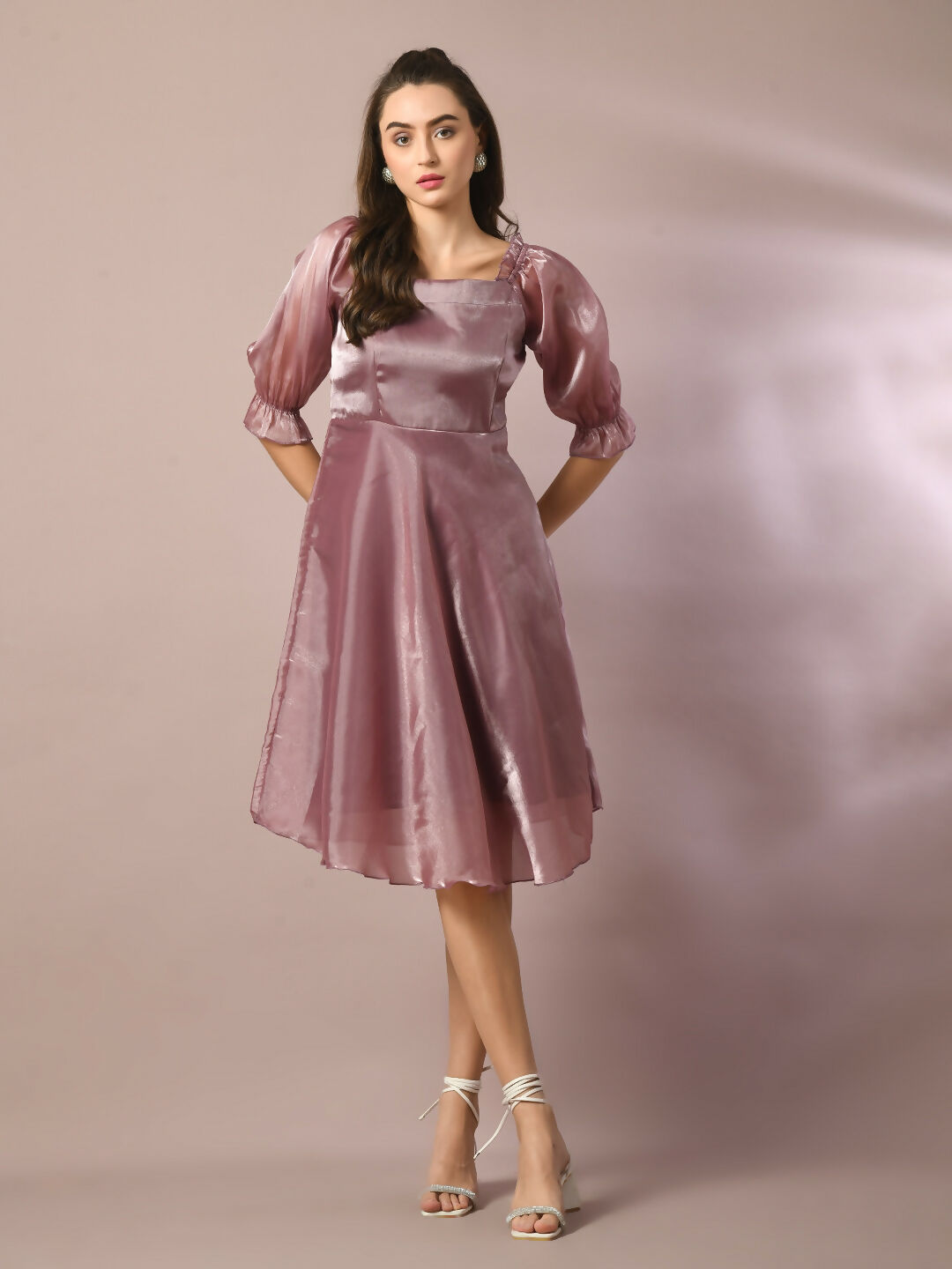 Myshka Women's Brown Solid Square Neck Fit and Flare Party Dress - Distacart