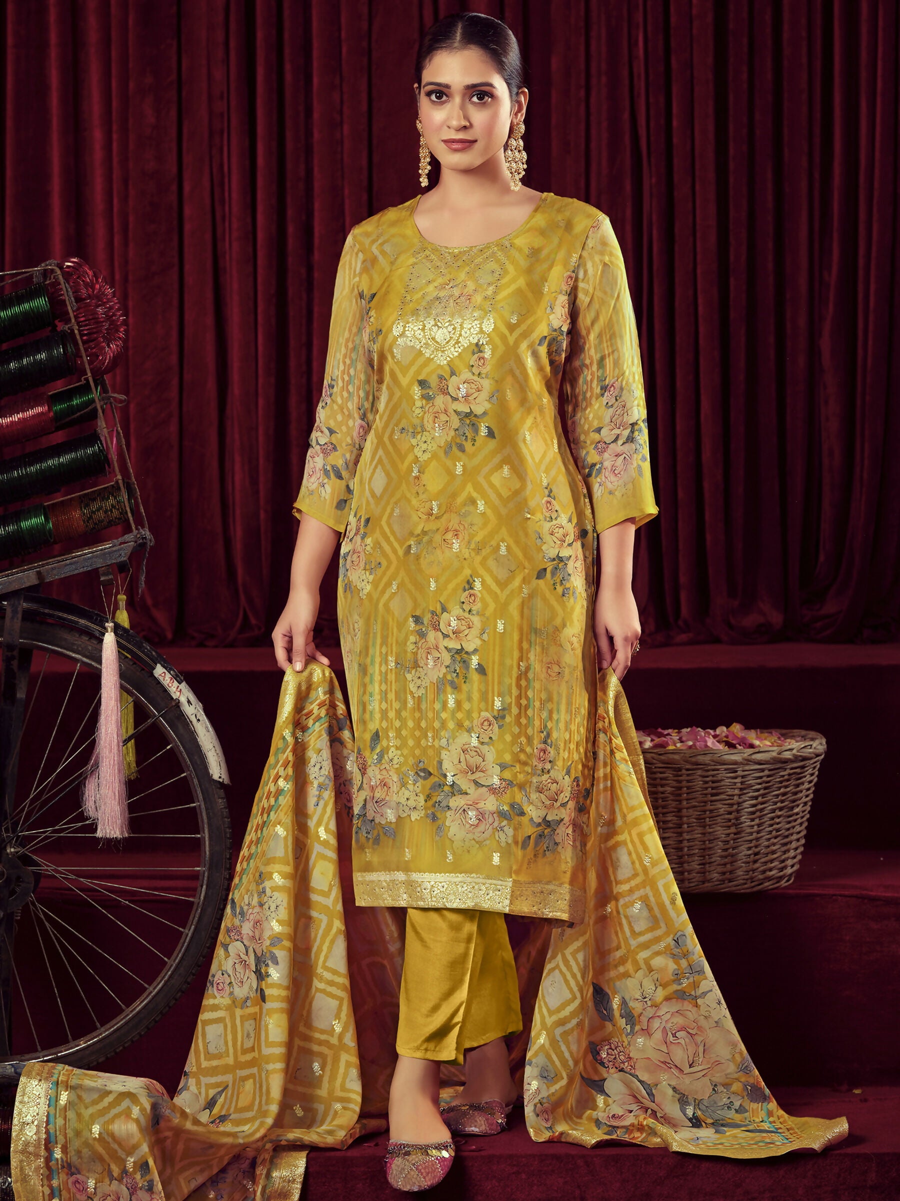 Jyoti Fashion Women's Mustard Organza Jacquard Woven Kurta with Trouser & Dupatta - Distacart