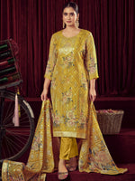 Thumbnail for Jyoti Fashion Women's Mustard Organza Jacquard Woven Kurta with Trouser & Dupatta - Distacart