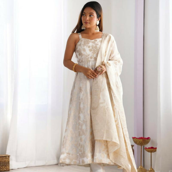Lehenga Mart Designer Anarkali Suit With Kurta, Pant, Dupatta For Women-Off White - Distacart