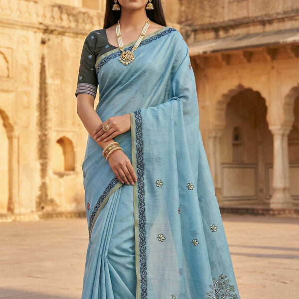 Vastranavya Sky Blue Muga Cotton Meenakari & Azarakh Pallu Saree with Contrast Blouse - Distacart