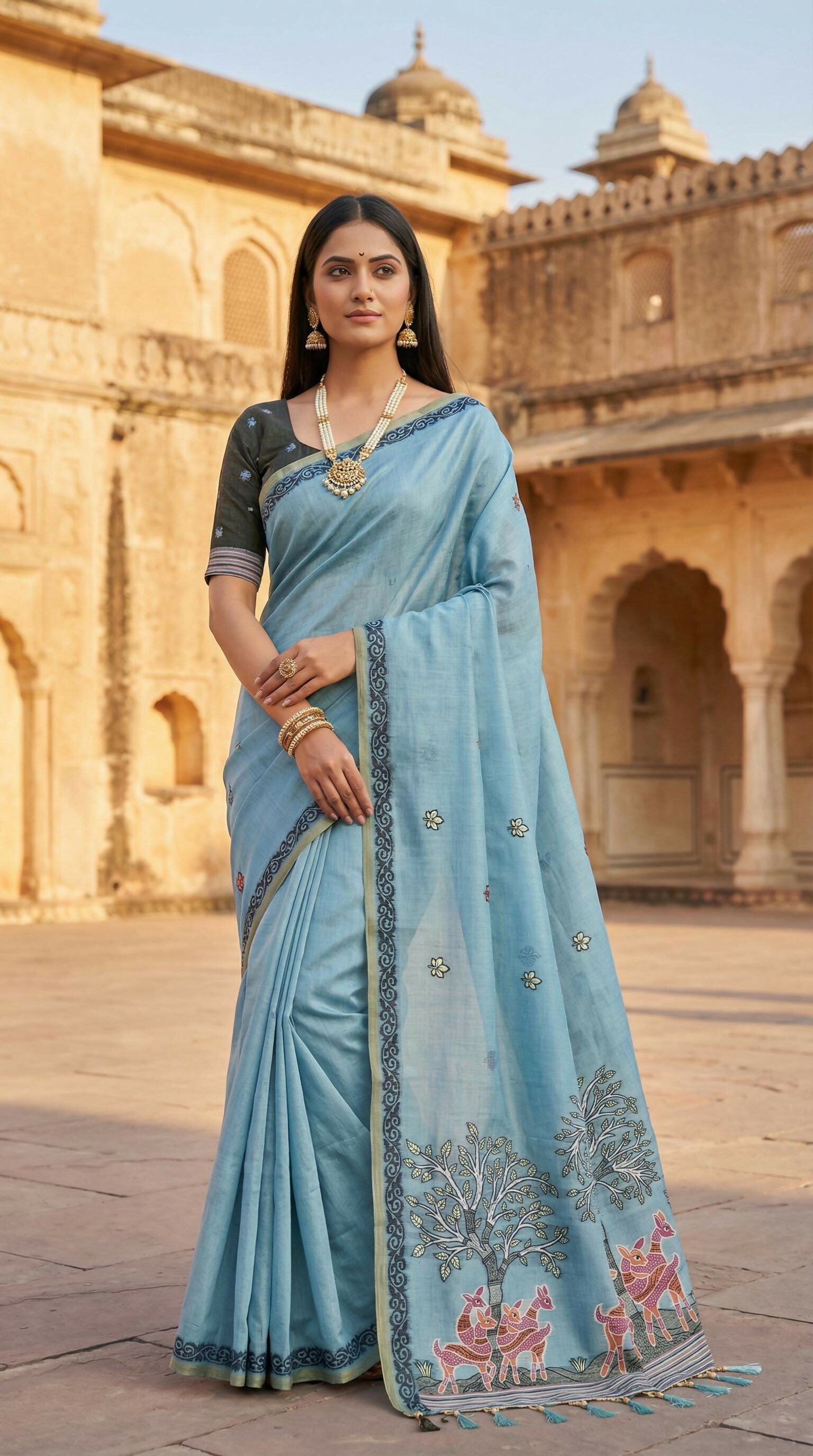 Vastranavya Sky Blue Muga Cotton Meenakari & Azarakh Pallu Saree with Contrast Blouse - Distacart