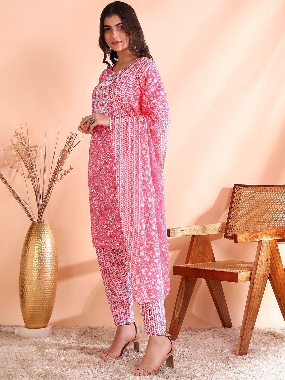 Ode by House of Pataudi Thread Work Pure Cotton Straight Kurta with Trousers & Dupatta - Distacart