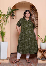 Thumbnail for Miravan Womens Plus Size Pure Cotton Floral Printed Green Button Down A-Line Midi Dress - Distacart