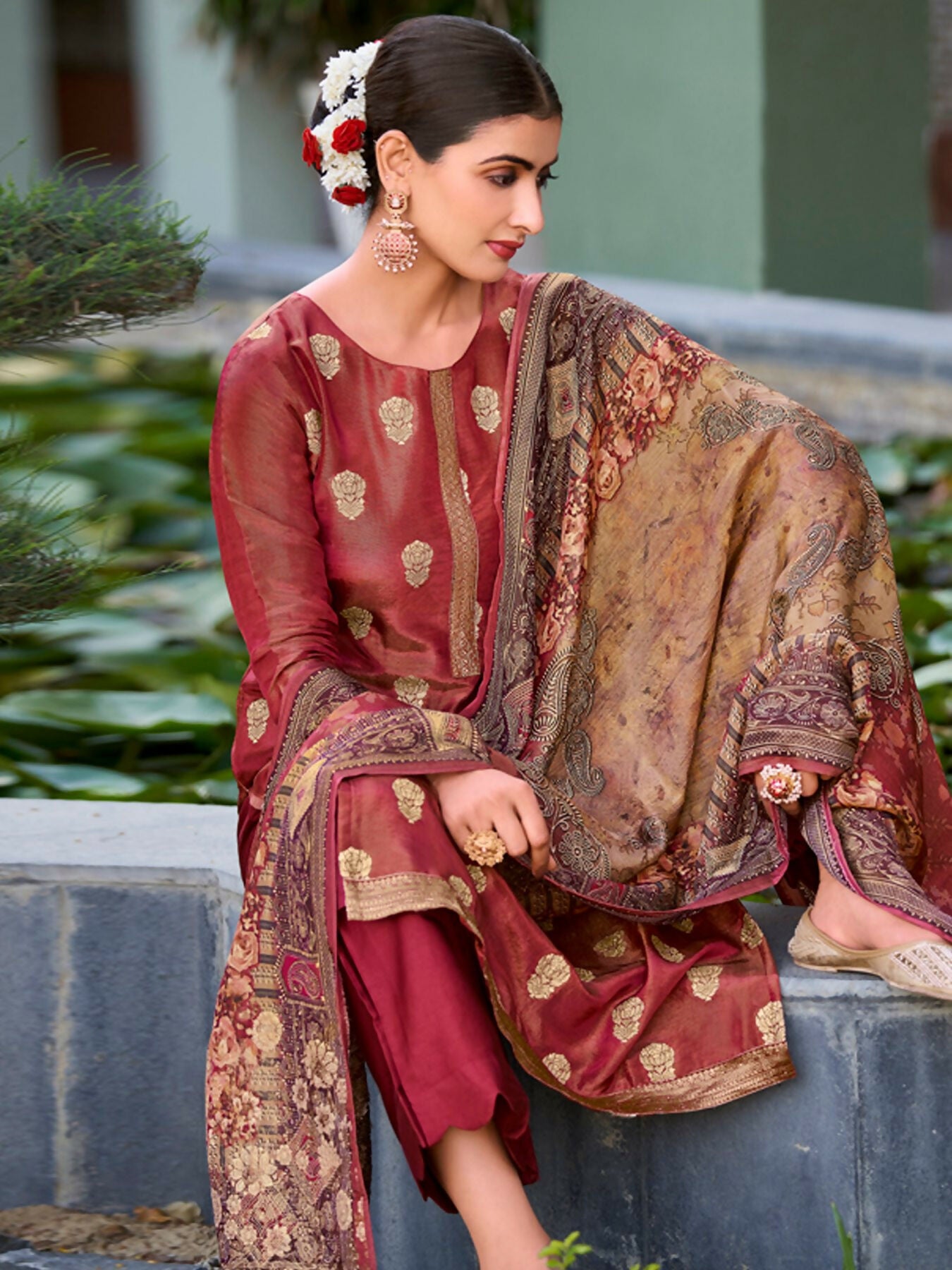 Jyoti Fashion Women's Maroon Pure Silk Elegant Jacquard Woven Kurta with Trouser & Dupatta - Distacart