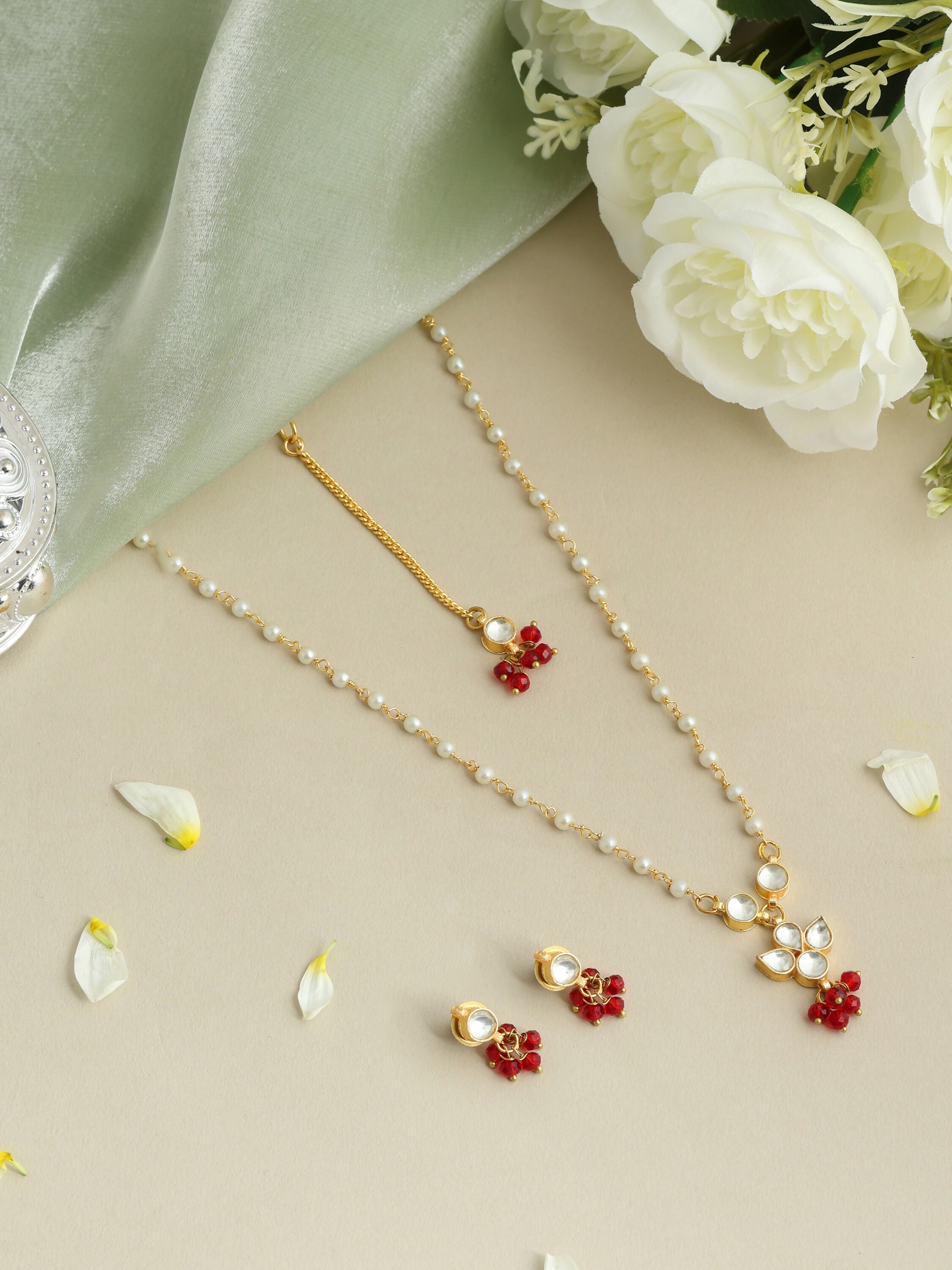 Ruby Raang Maang Tikka With Necklace And Earrings Set