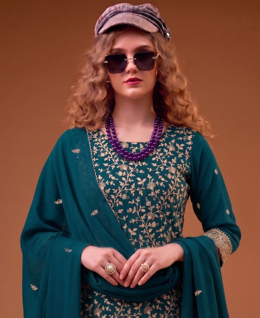 KC Teal Blue Straight Suit For Women Georgette Fabric - Dista