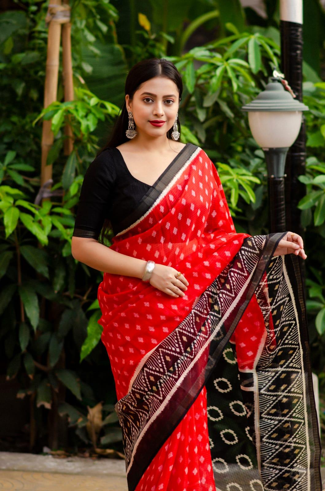 Red Polycotton Ethnic Motifs Saree with Unstitched Blouse - A2M - Distacart