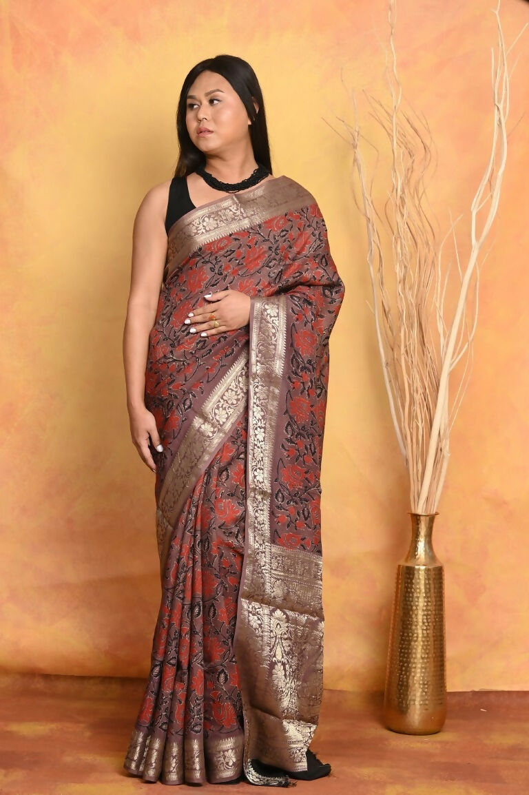 Very Much Indian Modal Silk Ajrakh Handblock Printed Natural Dyes With Designer Border Saree - Maroon - Distacart
