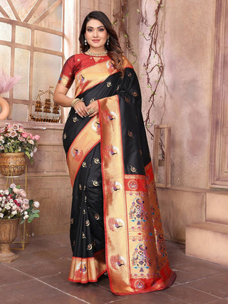 Joban Fashion Paithani Black Woven Soft Silk Saree