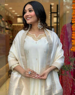 Thumbnail for The52 White Beautiful Embroidered Viscose Chanderi Fabric Straight Kurta Pant with Dupatta Set - Distacart