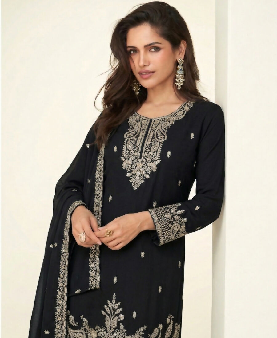 KC Black Georgette Heavy Embroidered Fancy Suit For Women - Dista