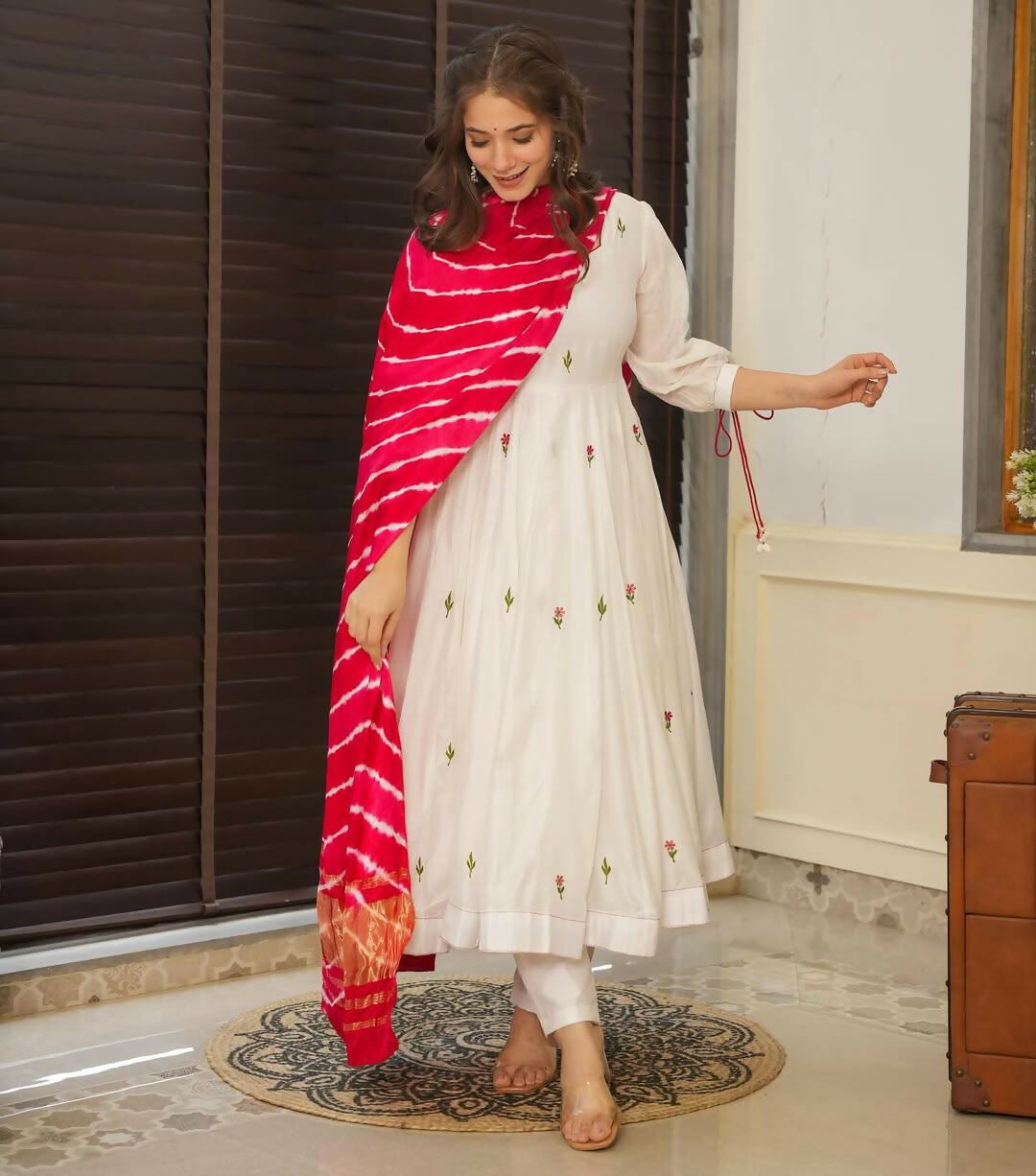 The52 Off White Women's Beautiful Chanderi Fabric Thread work Flared Anarkali with Pant And Dupatta Set