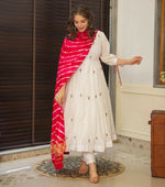 Thumbnail for The52 Off White Women's Beautiful Chanderi Fabric Thread work Flared Anarkali with Pant And Dupatta Set