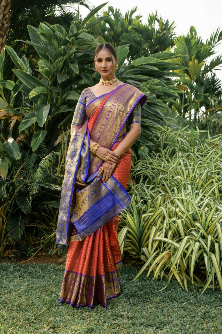 Jyoti Fashion Women's Orange Kanjivaram Silk Zari Woven Saree with Blouse - Distacart